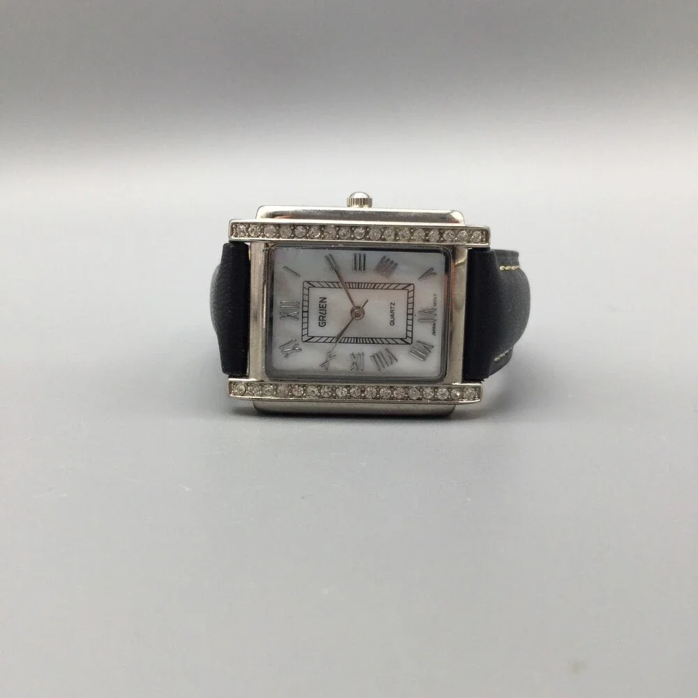 Gruen Womens Watch 28mm White Dial Crystal Bezel Black Leather New Battery